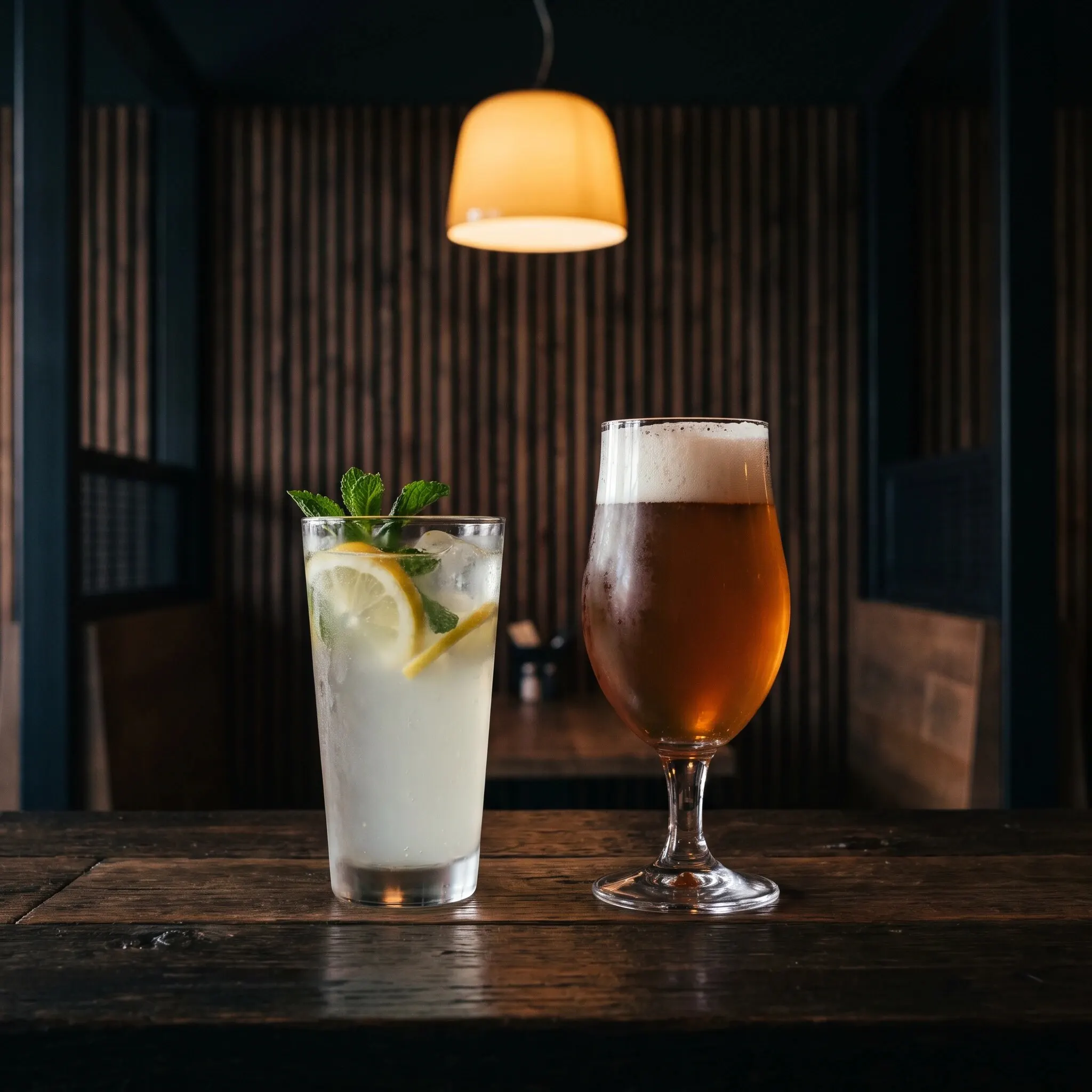 Hauslimonade mit Zitrone und Minze neben einem Glas Bier vom Fass.