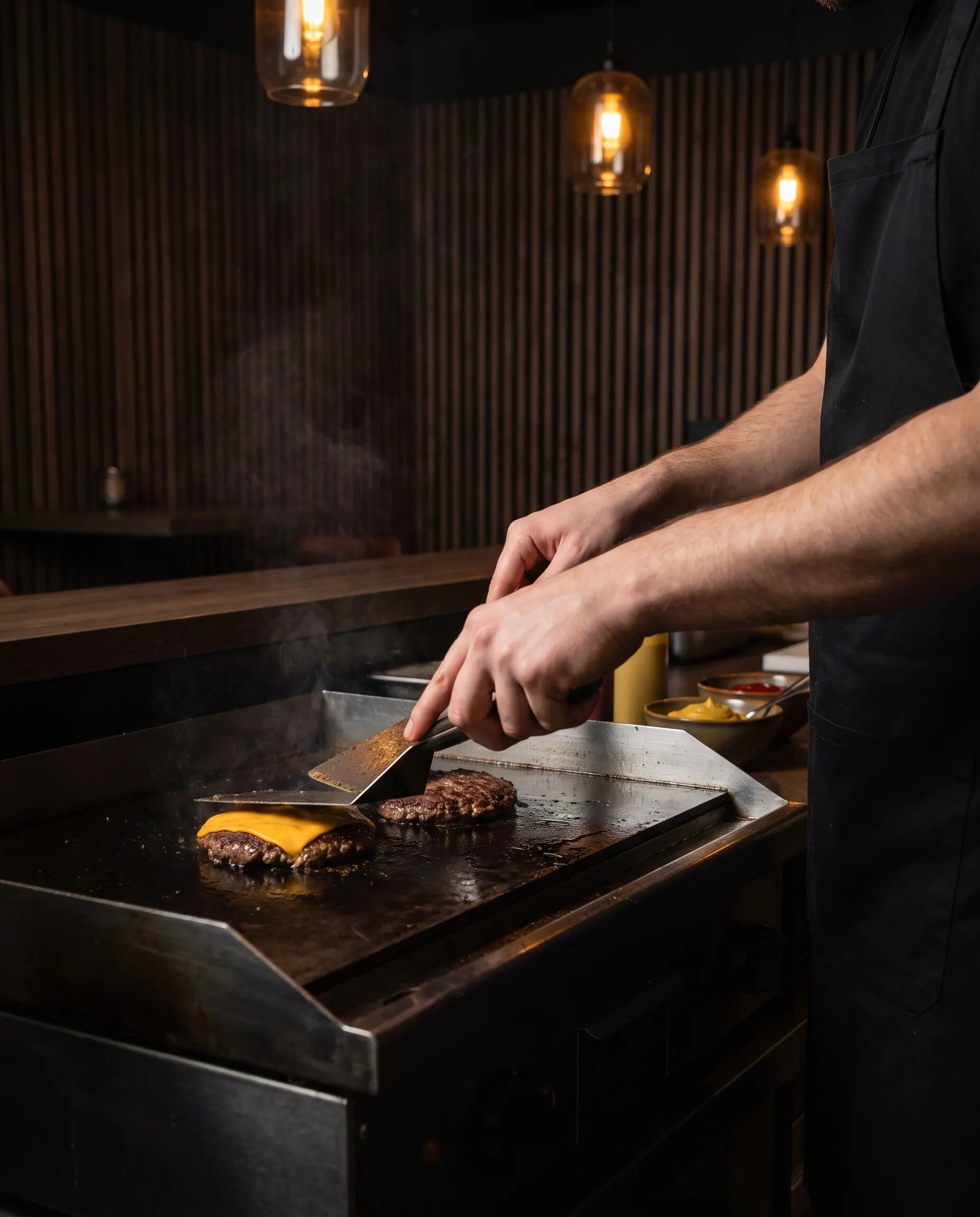 Zwei Hände wenden ein Patty auf der Grillplatte, daneben schmilzt Cheddar auf einem zweiten Patty.