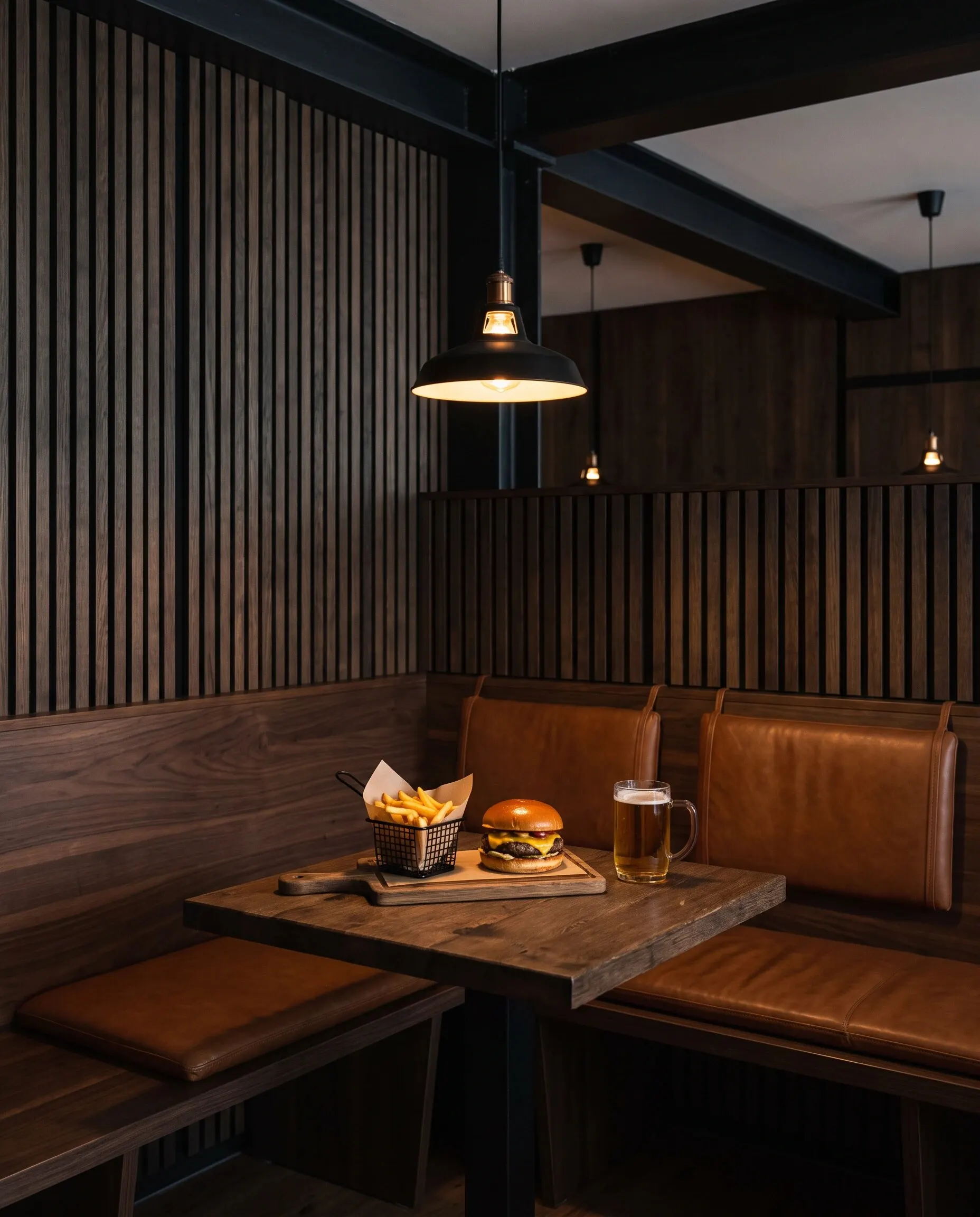 Die Sitznische mit Lederpolstern, auf dem Tisch ein Cheeseburger, Pommes im Körbchen und ein Bier.