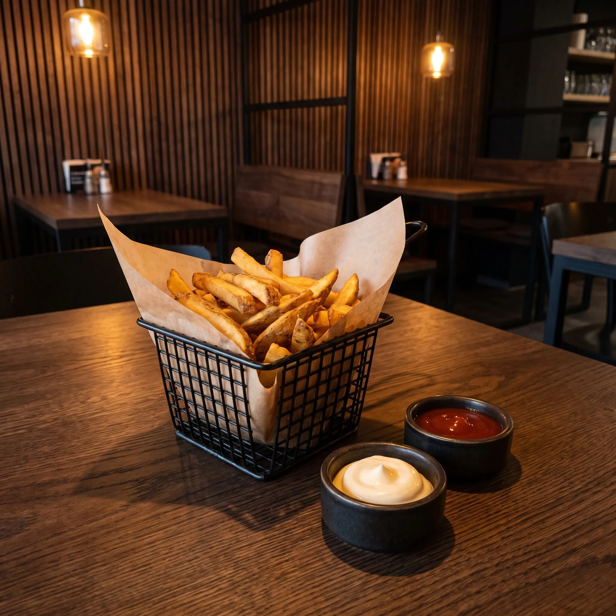 Pommes mit Schale im Drahtkorb, dazu Mayonnaise und Ketchup.